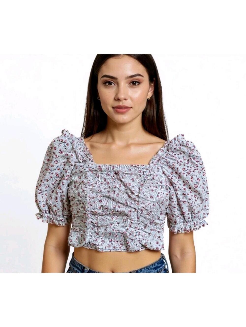 WOMENS WILD FABLE FLORAL EYELET PEASANT TOP PUFF SLEEVE CROPPED Cottage Core XS